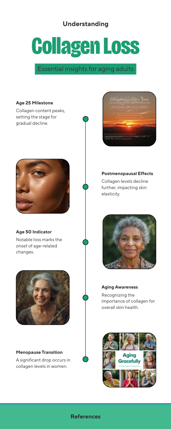Chart showing collagen decline by age from 20 to 70, with notable acceleration after age 50